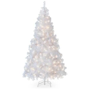 6' Pre-Lit Hinged Artificial White Pine Christmas Tree w/ Lights, Metal Stand 