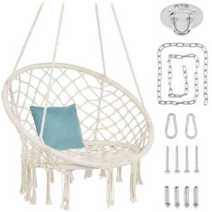 Cotton Macrame Hammock Hanging Chair Swing, Handwoven w/ Backrest 