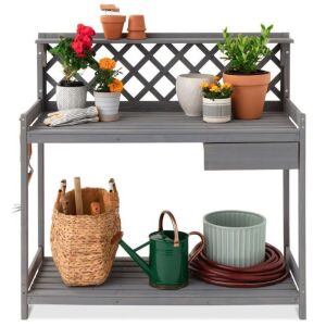 Wooden Garden Potting Bench Workstation w/ Cabinet Drawer, Open Shelf 