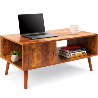 Wooden Mid-Century Modern Coffee Accent Table w/ Open Storage Shelf 