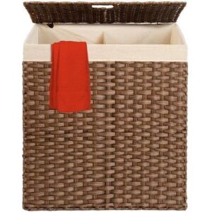 Wicker Double Laundry Hamper, Divided Storage Basket w/ Linen Liner, Handles