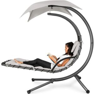 Hanging Curved Chaise Lounge Chair w/ Built-In Pillow, Removable Canopy 