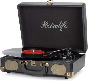 Retrolife 3-Speed Bluetooth Suitcase Portable Belt-Driven Record Player with Built-in Speakers RCA Line Out AUX in Headphone Jack 