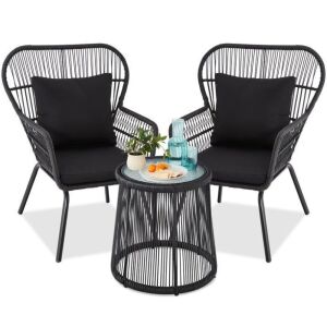 3-Piece Patio Wicker Conversation Bistro Set w/ 2 Chairs, Glass Top Table 