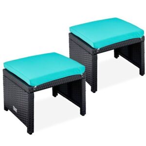 Set of 2 Multipurpose Wicker Ottomans w/ Removable Cushions, Steel Frame 