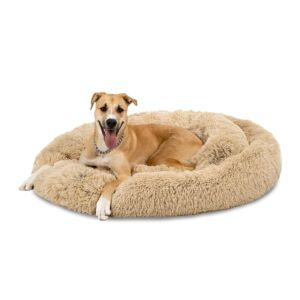 45" Self-Warming Shag Fur Calming Pet Bed w/ Water-Resistant Lining - Brown 