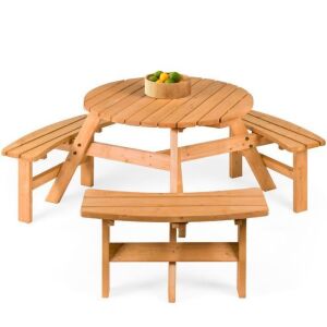 6-Person Circular Wooden Picnic Table w/ Umbrella Hole, 3 Benches 