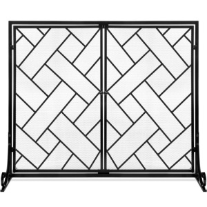 2-Panel Wrought Iron Geometric Fireplace Screen w/ Magnetic Doors - 44x33in