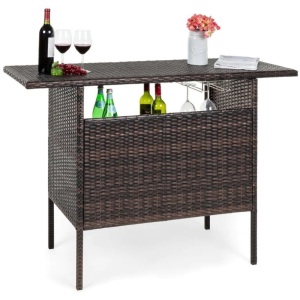 Outdoor Wicker Bar Counter Table w/ 2 Steel Shelves, 2 Rails  54.5"(L) x 18.5"(W) x 36.4"(H)