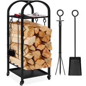 3-Tier Wrought Iron Firewood Log Rack w/ 4-Piece Tool Set, Wheels - 4ft 