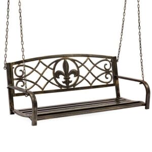 2-Person Outdoor Metal Hanging Swing Bench w/ Fleur-de-Lis Accents 