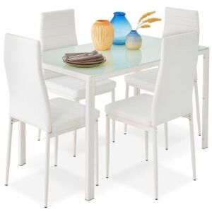 5-Piece Dining Table Set w/ Glass Top, Leather Chairs 