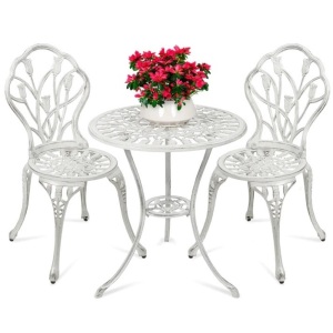 3-Piece Cast Aluminum Patio Bistro Furniture Set Table Dimensions: 23.5"(Dia) x 26.5"(H) Chair: 33.75"(H) Seat: 15"(Dia) x 16"(H)