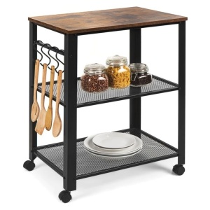 3-Tier Microwave Cart Rolling Utility Serving Cart w/ 2 Shelves, 4 Hooks 23.5"(L) x 15.75"(W) x 30.25"(H)