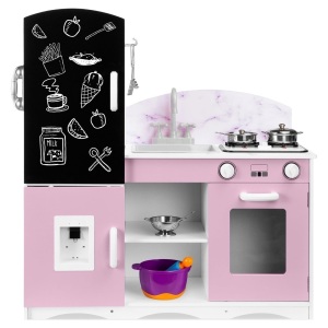 Best Choice Products Wooden Pretend Play Kitchen Toy Set for Kids w/ Chalkboard, Marble Backdrop, 7 Accessories - Pink