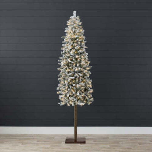 Pre-Lit Snow Flocked Alpine Slim Pencil Christmas Tree w/ LED Lights, Stand