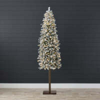 Pre-Lit Snow Flocked Alpine Slim Pencil Christmas Tree w/ LED Lights, Stand