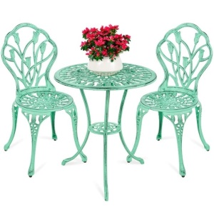 3-Piece Cast Aluminum Patio Bistro Furniture Set Table Dimensions: 23.5"(Dia) x 26.5"(H) Chair: 33.75"(H) Seat: 15"(Dia) x 16"(H) Umbrella Hole: 1.75"(Dia)