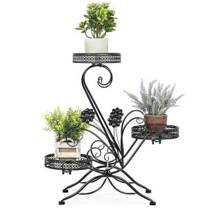 3-Tier Decorative Metal Freestanding Plant Stand w/ Scrollwork Design, Black