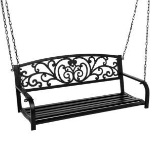 2-Person Metal Outdoor Porch Swing w/ Floral Accent, 485lb Weight Capacity 