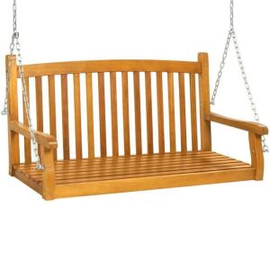 Wooden Curved Back Hanging Porch Swing Bench w/ Mounting Chains - 48in 