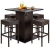 5-Piece Wicker Bar Set w/ 4 Stools, Built-In Bottle Opener, Hidden Storage 