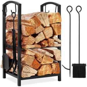 5-Piece Firewood Log Rack Holder Tools Set w/ Hook, Broom, Shovel, Tongs 