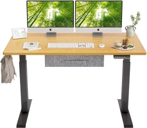 FEZIBO Electric Height Adjustable Standing Desk with Drawer, 48" x 24" Splice Board, Black Frame/Bamboo Top - Appears New