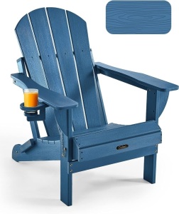 Ciokea Folding Adirondack Chair Wood Texture, Patio Adirondack Chair Weather Resistant, Plastic Fire Pit Chair with Cup Holder, Lawn Chair for Outdoor Porch Garden Backyard Deck (Navy Blue) 32.9"D x 29.4"W x 35.8"H