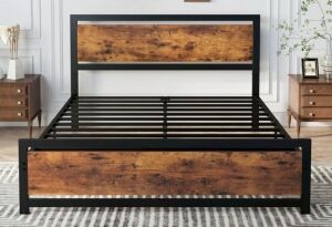 LIKIMIO Bed Frame with Headboard, Strong Support, Industrial Style, Queen