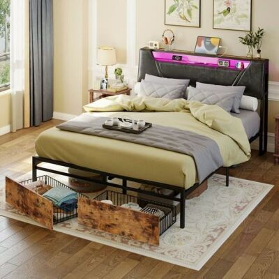 IRONCK Queen Bed Frame with Storage Headboard, Charging Station, LED Lights, 2 Under-bed Drawers