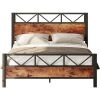 LIKIMIO Full Size Bed Frame, Tall Industrial Headboard/Metal Support/Solid and Stable/Vintage Brown