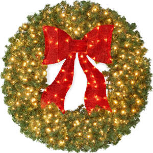 Pre-Lit Artificial Fir Christmas Wreath w/ Red Bow, LED Lights 60IN