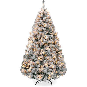 Pre-Lit Snow Flocked Artificial Pine Christmas Tree w/ Warm White Lights 4.5ft