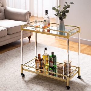 SICOTAS Bar Cart Gold, Home Bar Serving Cart Dining Cart with Wheels, Kitchen Storage Cart Wine Cart with 2 Mirrored Shelves Holders, Glass Caddy for Kitchen, Dining Room 14"D x 27"W x 30"H