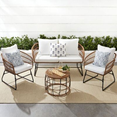 4-Piece Rope Wicker Outdoor Conversation Set w/ Cushions, Table 