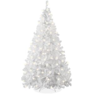 6' Pre-Lit Hinged Artificial White Pine Christmas Tree w/ Lights, Metal Stand 