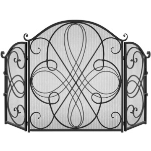 3-Panel Wrought Iron Metal Fireplace Screen Cover w/ Scroll Design - 55x33in