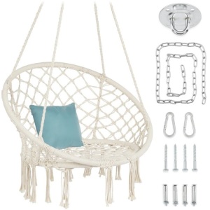 Cotton Macrame Hammock Hanging Chair Swing, Handwoven w/ Backrest 31.5"(L) x 24.5"(W) x 56"(H)