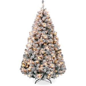 Pre-Lit Snow Flocked Artificial Pine Christmas Tree w/ Warm White Lights 9FT