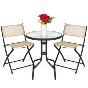 3-Piece Bistro Set w/ Glass Table, 2 Foldable Chairs Table Dimensions: 23.75"(Dia) x 28.25"(H) Chair: 18"(L) x 17.75"(W) x 31.5"(H) Back: 17.75"(L) x 1"(W) x 14.5"(H) Seat: 16.25"(L) x 14"(W) x 0.25"(Thick) Floor-to-Seat: 19"(H)