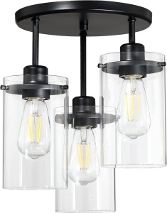 Sky Designer 3 Light Industrial Farmhouse Clear Glass Semi Flush Mount Pendant Ceiling Light Fixture Black Finish Bedroom Hallway Dining Room Entryway.