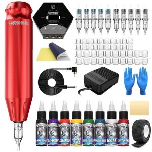 Tattoo Kit, Wormhole Machine Kit Pen Complete Gun Rotary 10 Cartridge Needles 8 Ink 40 Caps for Beginner WTK085