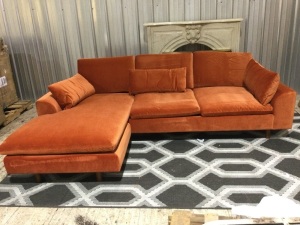 Retro Look Sectional 91" x 70" x 33"damaged unloading (tear in back fabric and arm damage from being dragged)