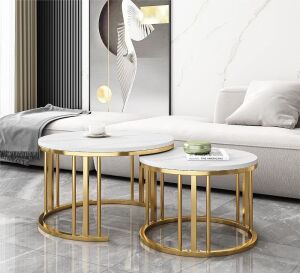 Round Nesting Coffee Table Set with Metal Frame, Gold, 28" & 20" Tops