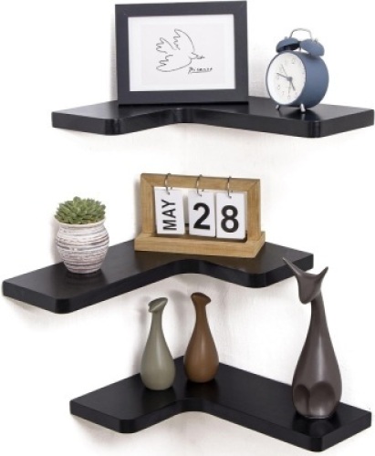 fuqing Corner Floating Shelves for Storage, Set of 3, Solid Wood, Wall Mount Wooden Display Shelf for Bathroom Bedroom Kitchen Garage, Black&nbsp;11.4"D x 16"W x 1"H