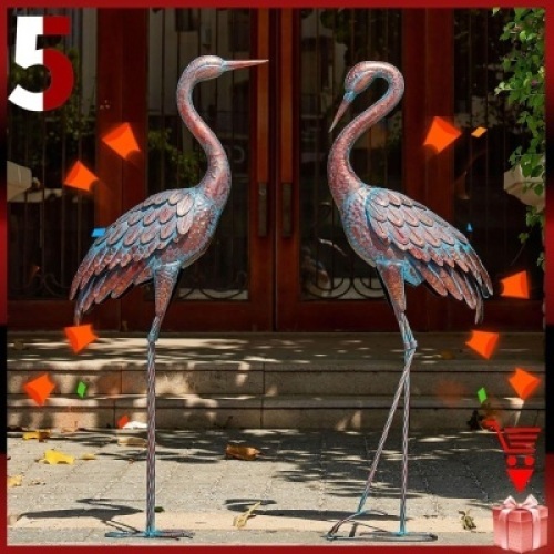 Kircust Garden Crane Statues Patina Heron Decoy, Standing Metal Crane Sculptures Bird Yard Art for Outdoor Decor, Set of 2