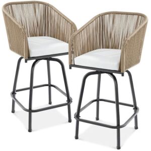 Set of 2 Woven Wicker Swivel Barstools w/ 360 Rotation, Steel Frame - Damage to One Chair