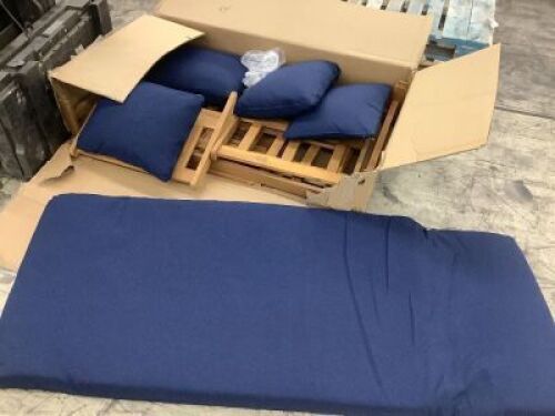 Outdoor Convertible Acacia Wood Futon Sofa w/ 4 Pillows, Removable Cushion - Needs Repair&nbsp;