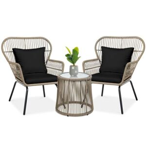 3-Piece Patio Wicker Conversation Bistro Set w/ 2 Chairs, Glass Top Table 